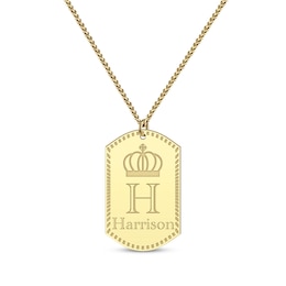 Men's Name & Initial with Crown Dog Tag Necklace 10K Yellow Gold 22"