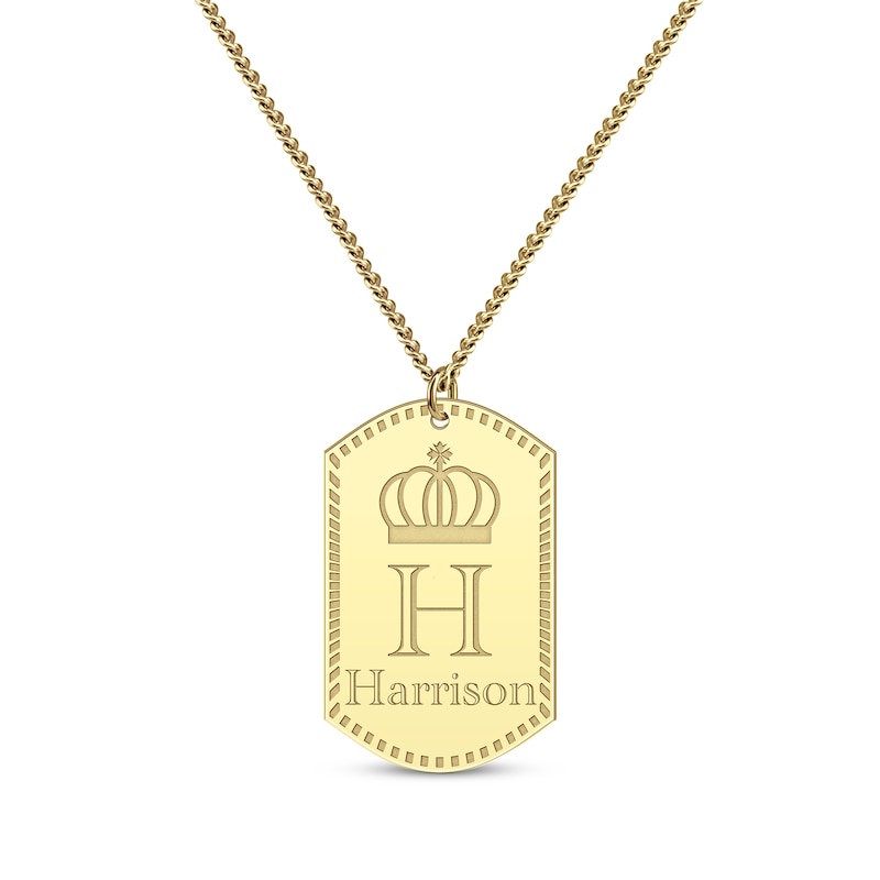 Main Image 1 of Men's Name & Initial with Crown Dog Tag Necklace 10K Yellow Gold 22&quot;