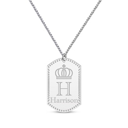 Men's Name & Initial with Crown Dog Tag Necklace Sterling Silver 22"