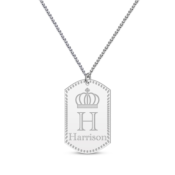 Men's Name & Initial with Crown Dog Tag Necklace Sterling Silver 22"