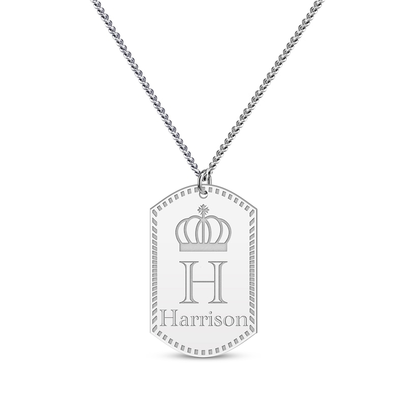 Main Image 1 of Men's Name & Initial with Crown Dog Tag Necklace Sterling Silver 22&quot;