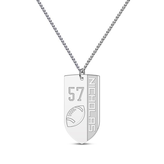 Men's Sport Shield Number & Name Necklace Sterling Silver 22"