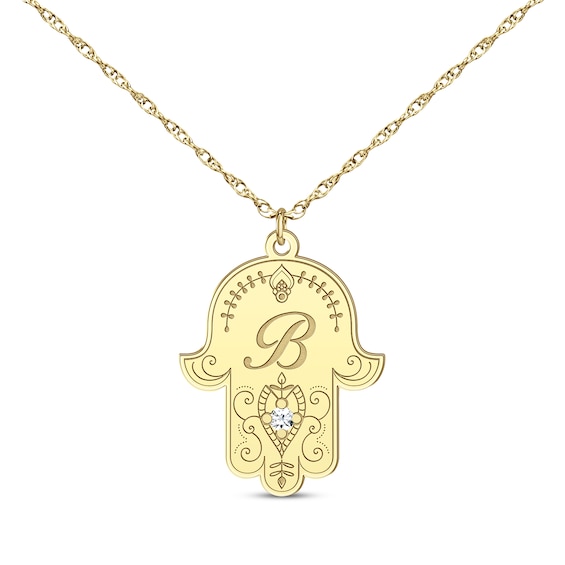 Diamond Accent Initial Hamsa Necklace 10K Yellow Gold 18"