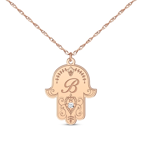 Diamond Accent Initial Hamsa Necklace 14K Rose Gold 18"