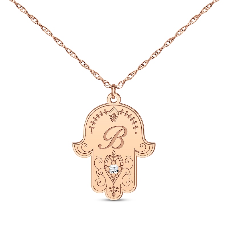 Main Image 1 of Diamond Accent Initial Hamsa Necklace 14K Rose Gold 18&quot;