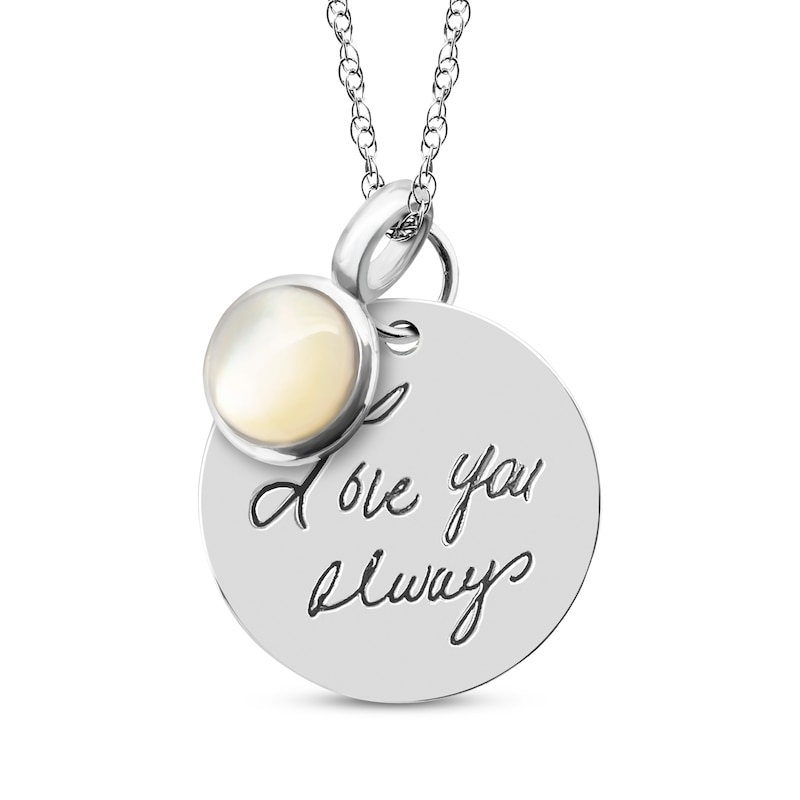 Your Own Handwriting Disc Necklace with Mother-of-Pearl Charm Sterling Silver 18"