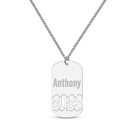 Men's Name & Year Cutout Dog Tag Necklace Sterling Silver 22"