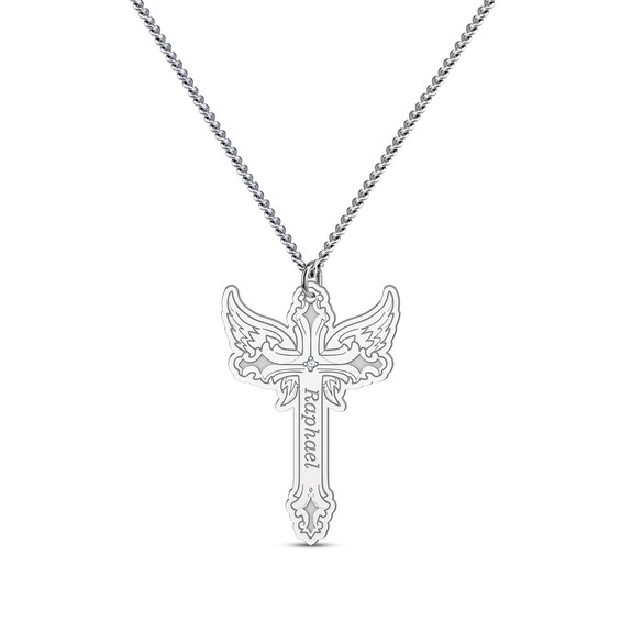 Diamond Accent Winged Cross Name Necklace Sterling Silver 22"