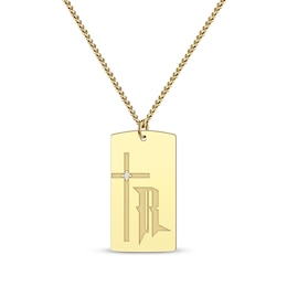 Men's Diamond Accent Cross & Initial Dog Tag Necklace 10K Yellow Gold 22"
