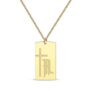 Men's Diamond Accent Cross & Initial Dog Tag Necklace 10K Yellow Gold 22"