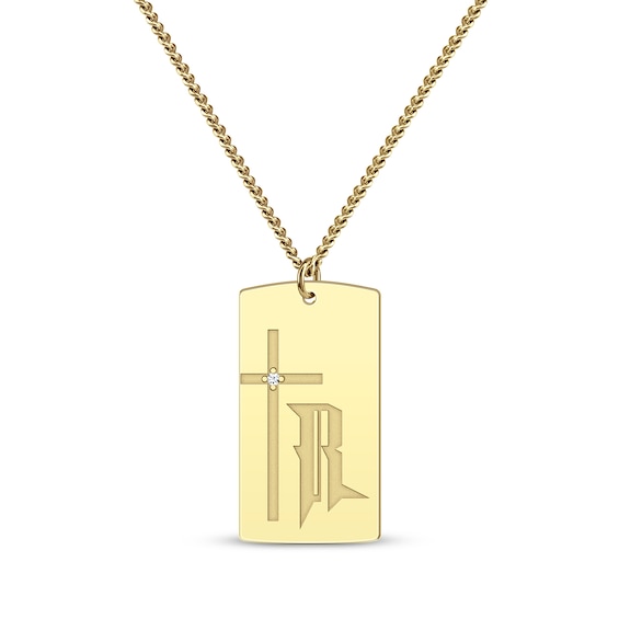 Men's Diamond Accent Cross & Initial Dog Tag Necklace 10K Yellow Gold 22"