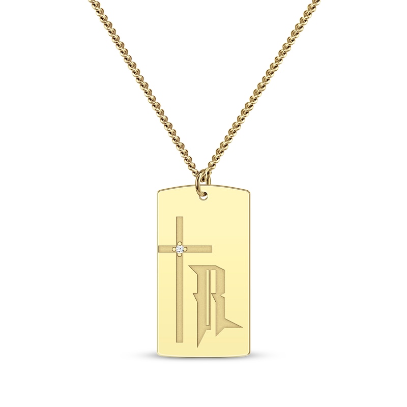 Main Image 1 of Men's Diamond Accent Cross & Initial Dog Tag Necklace 10K Yellow Gold 22&quot;
