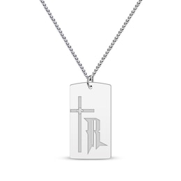 Men's Diamond Accent Cross & Initial Dog Tag Necklace Sterling Silver 22"
