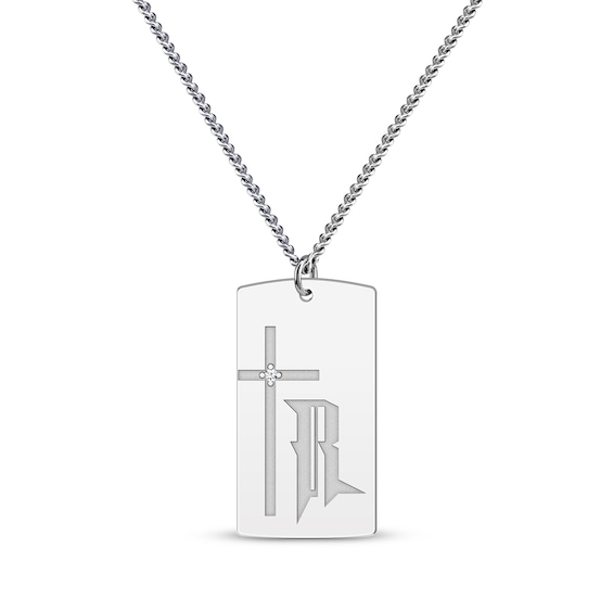 Men's Diamond Accent Cross & Initial Dog Tag Necklace Sterling Silver 22"