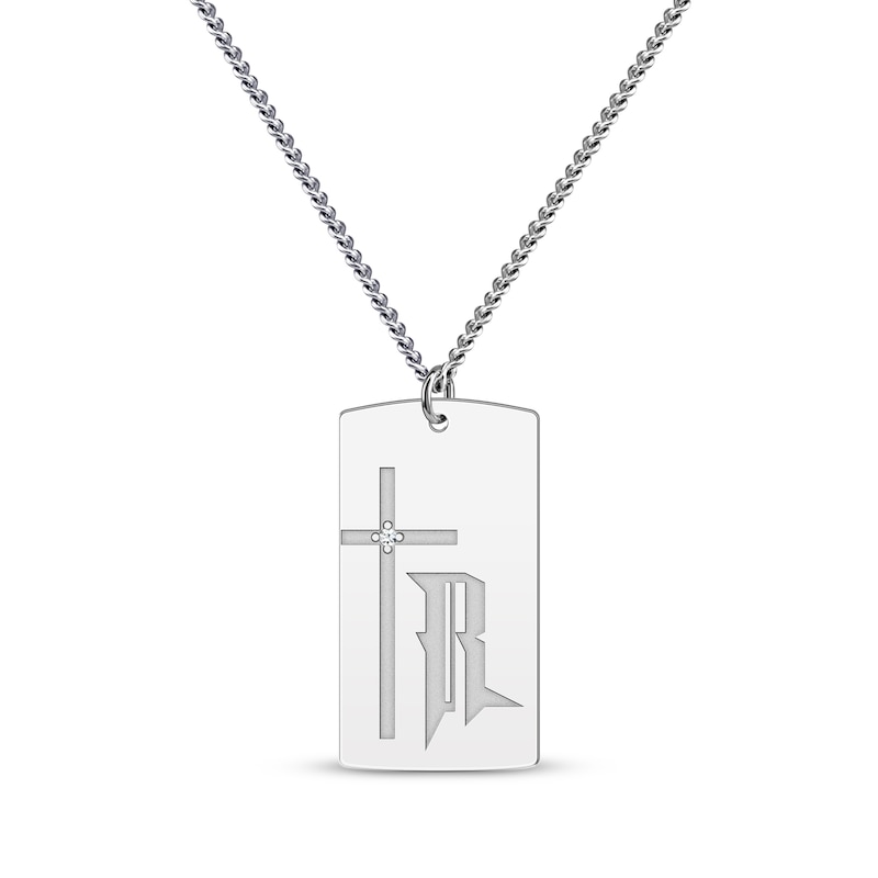 Main Image 1 of Men's Diamond Accent Cross & Initial Dog Tag Necklace Sterling Silver 22&quot;