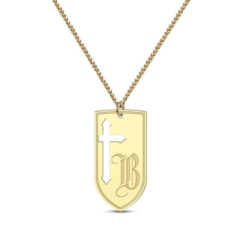Main Image 1 of Men's Cutout Cross & Initial Shield Necklace 10K Yellow Gold 22&quot;