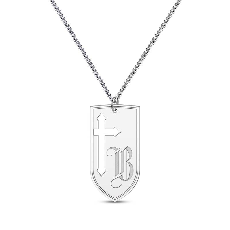Main Image 1 of Men's Cutout Cross & Initial Shield Necklace Sterling Silver 22&quot;