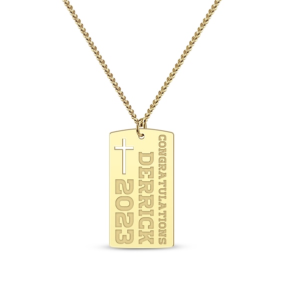 Men's Congratulations with Cutout Cross Name & Date Dog Tag Necklace 10K Yellow Gold 22"