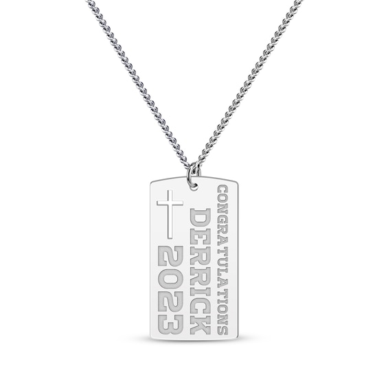 Men's Congratulations with Cutout Cross Name & Date Dog Tag Necklace Sterling Silver 22"