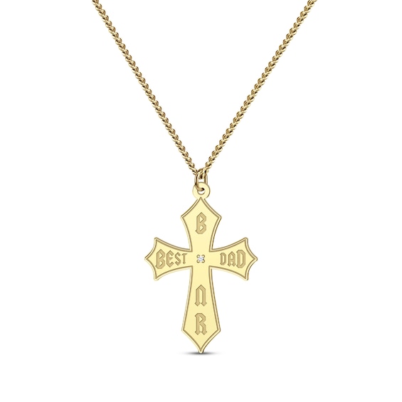 Men's Diamond Accent Best Dad & Initials Cross Necklace 10K Yellow Gold 22"