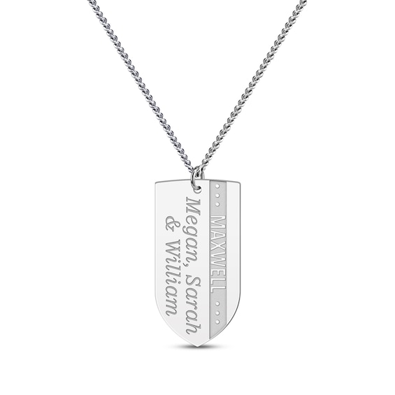 Men's Engraved Names Shield Necklace Sterling Silver 22"