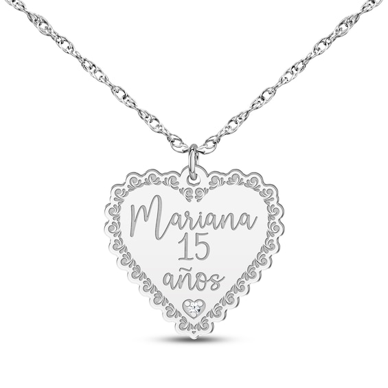 Quinceañera "15 Años" & Name Heart Necklace with Diamond Accent 10K White Gold 18"