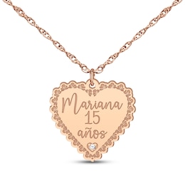 Quinceañera "15 Años" & Name Heart Necklace with Diamond Accent 14K Rose Gold 18"