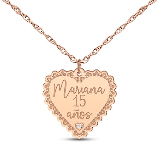 Quinceañera "15 Años" & Name Heart Necklace with Diamond Accent 14K Rose Gold 18"
