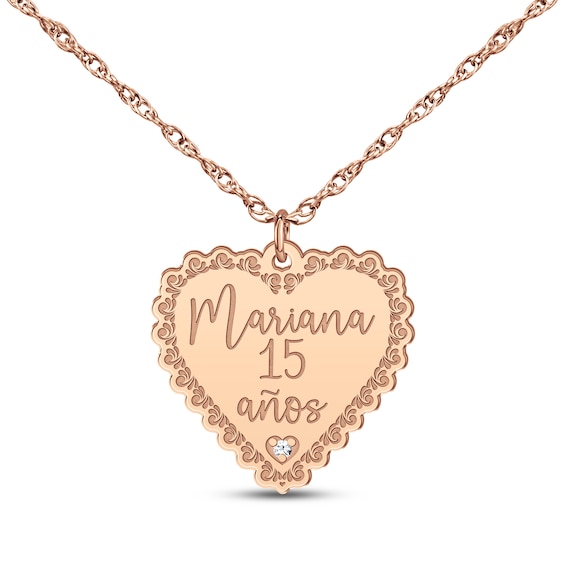 Quinceañera "15 Años" & Name Heart Necklace with Diamond Accent 14K Rose Gold 18"