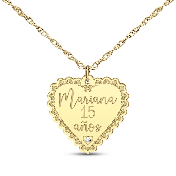 Quinceañera "15 Años" & Name Heart Necklace with Diamond Accent 14K Yellow Gold 18"