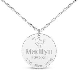 Baby Name & Stats Scalloped Disc Necklace 10K White Gold 18"