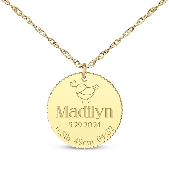 Baby Name & Stats Scalloped Disc Necklace 14K Gold 18