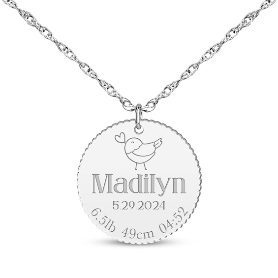 Baby Name & Stats Scalloped Disc Necklace 14K White Gold 18"