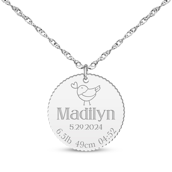 Baby Name & Stats Scalloped Disc Necklace Sterling Silver 18"