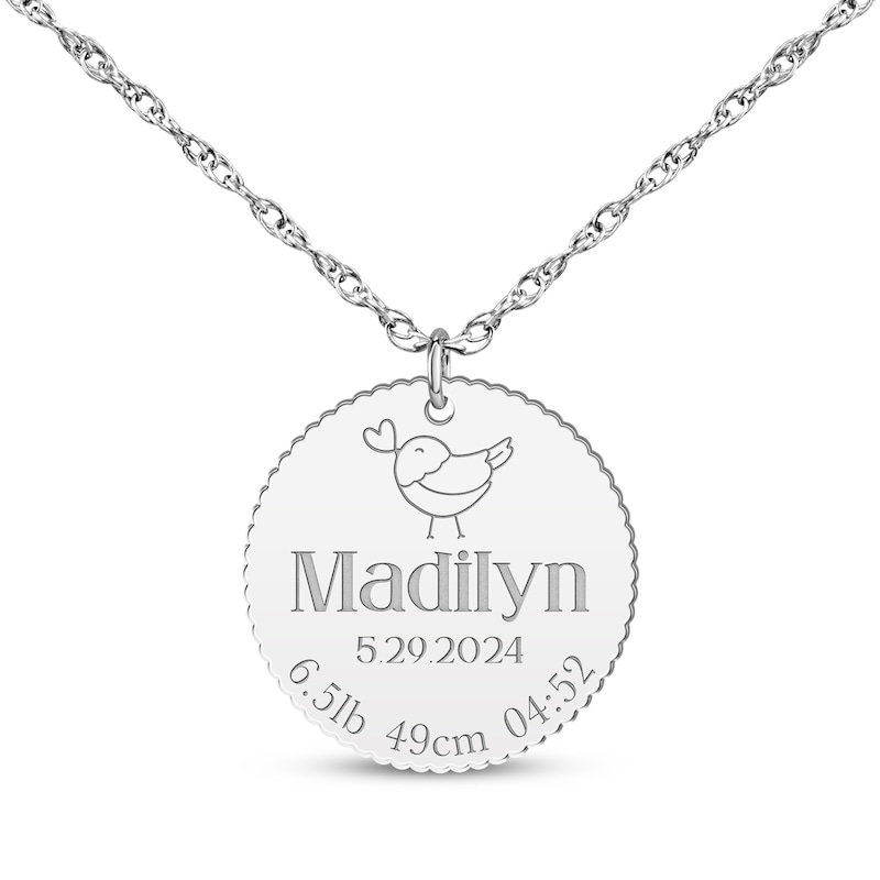 Main Image 1 of Baby Name & Stats Scalloped Disc Necklace Sterling Silver 18"