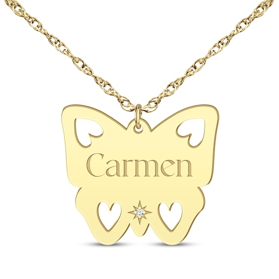 Cutout Hearts Butterfly Diamond Accent Name Necklace 14K Yellow Gold 18"