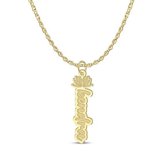 Flower-Topped Vertical Tag Name Necklace 10K Yellow Gold 18"