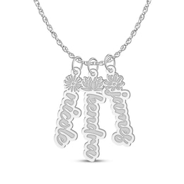 Flower-Topped Vertical Three Tag Name Necklace 10K White Gold 18"