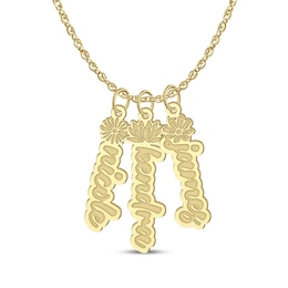 Flower-Topped Vertical Three Tag Name Necklace 10K Yellow Gold 18"