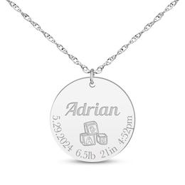 Baby Stats Alphabet Blocks Disc Necklace 10K White Gold 18"