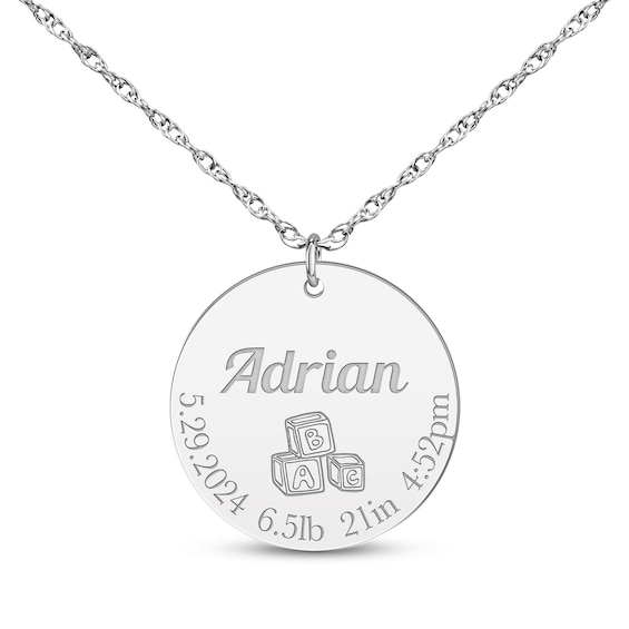 Baby Stats Alphabet Blocks Disc Necklace 10K White Gold 18"