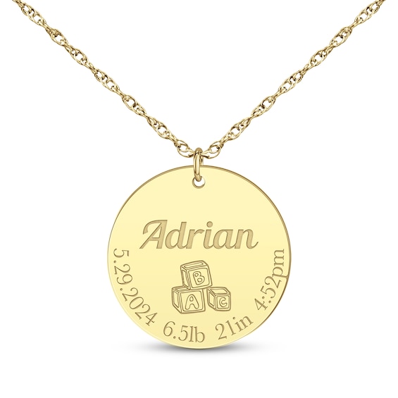 Baby Stats Alphabet Blocks Disc Necklace 10K Yellow Gold 18"