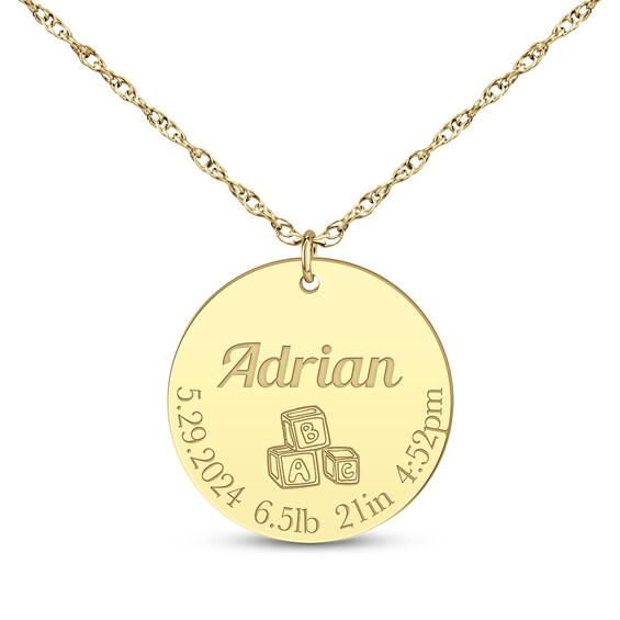 Baby Stats Alphabet Blocks Disc Necklace 14K Yellow Gold 18"