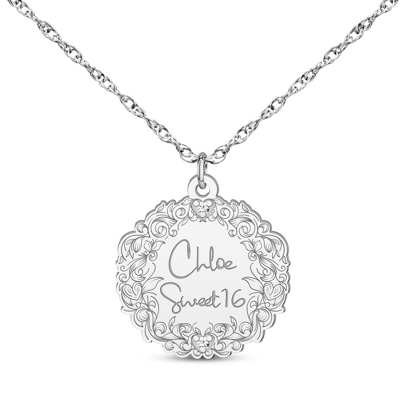 Main Image 1 of Engravable Diamond Accent Vine Necklace 10K White Gold 18"