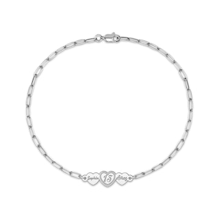 Engravable Three Hearts Paperclip Chain Bracelet Sterling Silver
