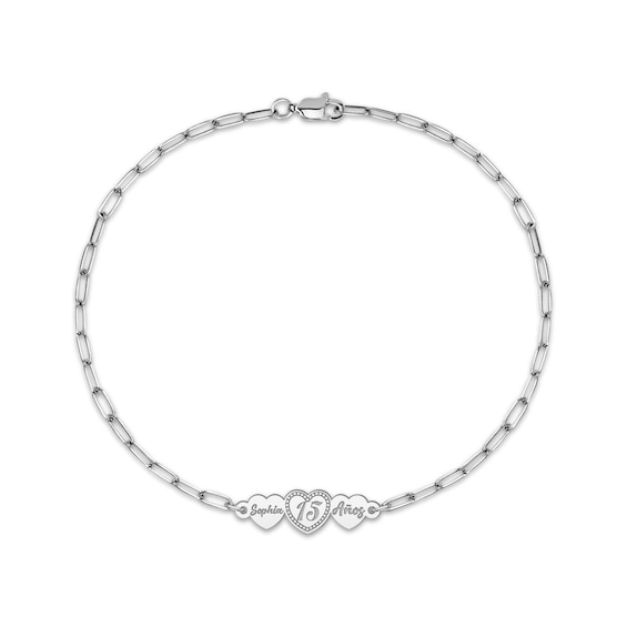 Engravable Three Hearts Paperclip Chain Bracelet Sterling Silver