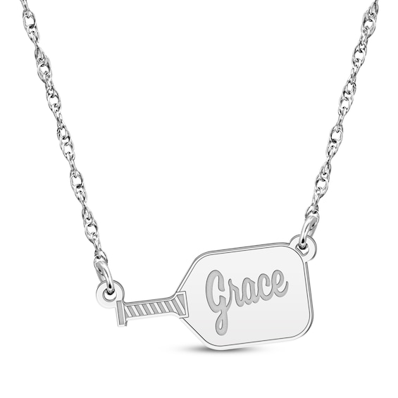 Engravable Pickleball Paddle Name Necklace 10K White Gold 18"