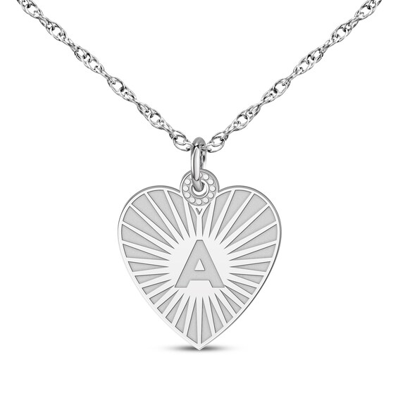 Engravable Heart-Shaped Initial Starburst Necklace 10K White Gold 18"