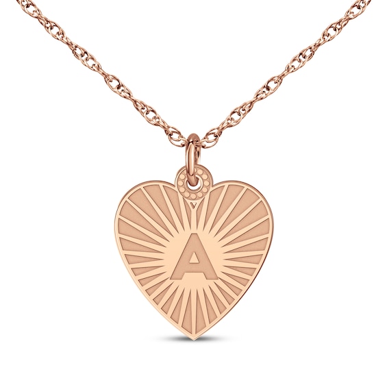 Engravable Heart-Shaped Initial Starburst Necklace 14K Rose Gold 18"