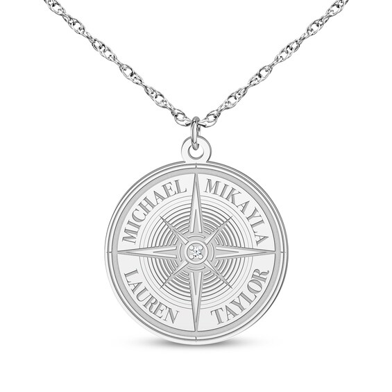 Diamond Accent Engravable Compass Necklace 10K White Gold 18"